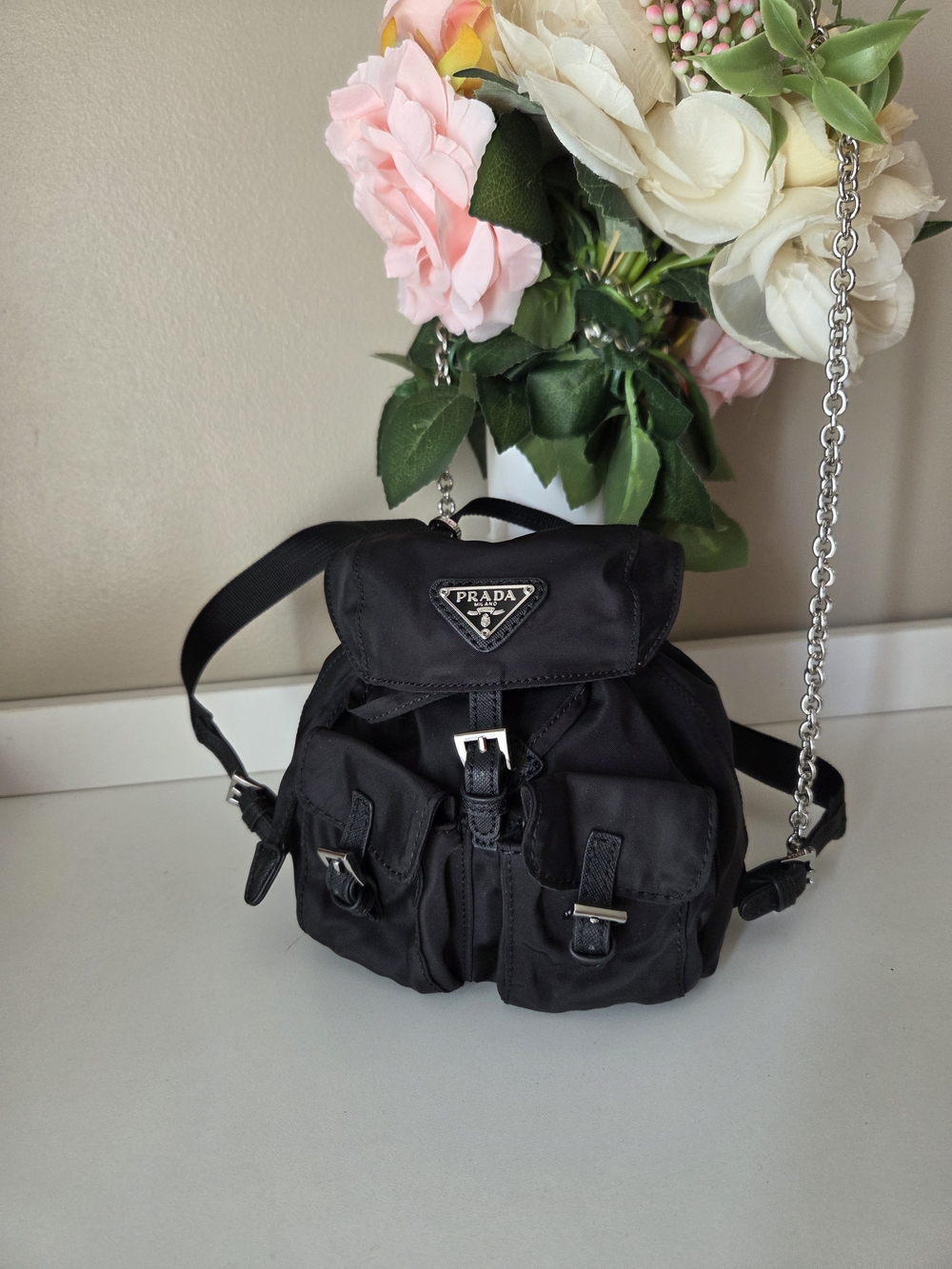 Prada Mini Re- Nylon Backpack Chain Crossbody Bag Silver /black - Picture 5 of 16